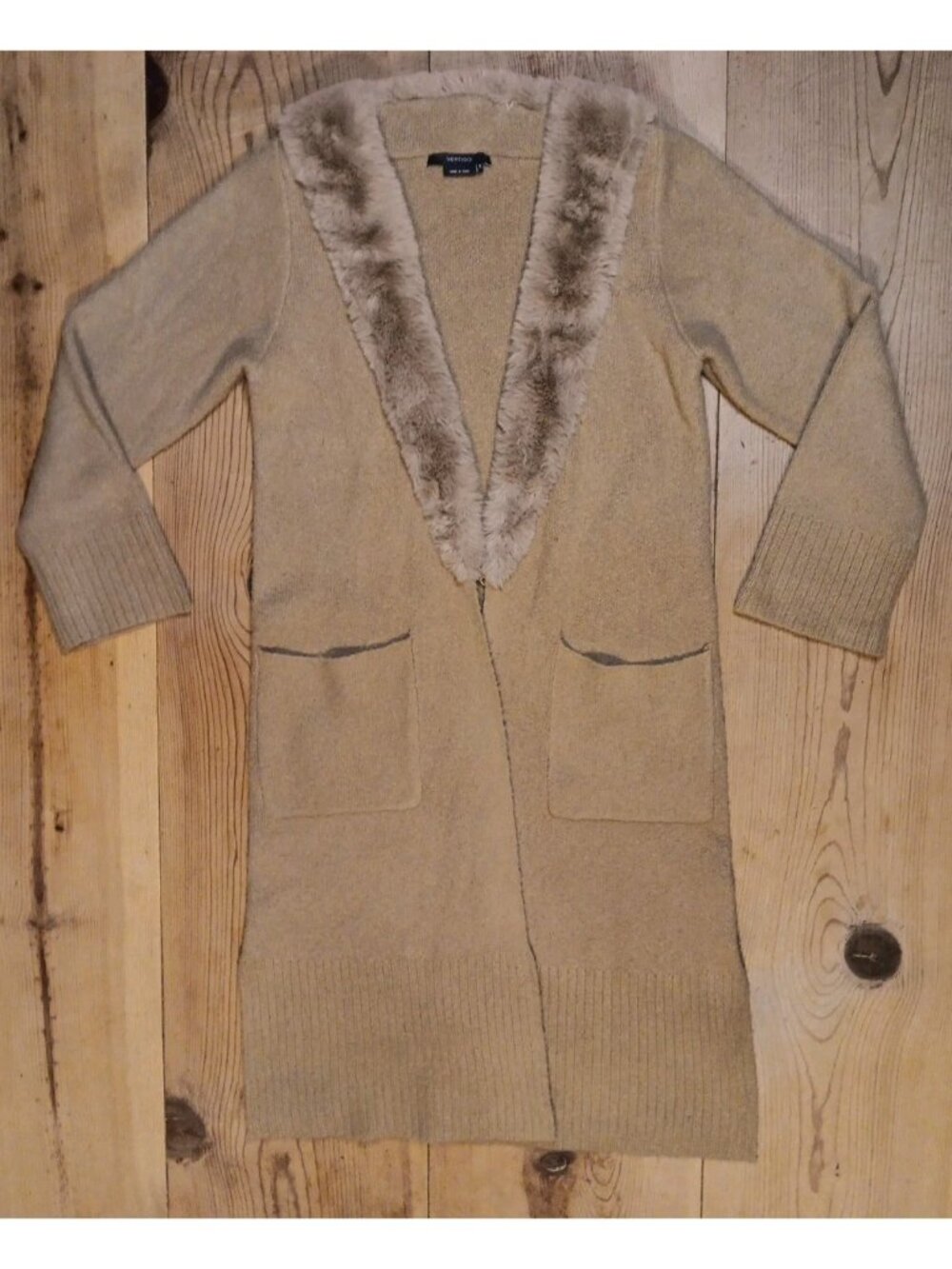 Vertigo Long Duster Cardigan Women S Tan Sweater Faux Fur Collar Open Front Fall